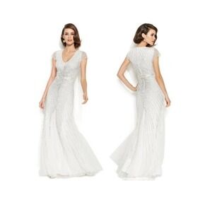 Adrianna Papell Women Wedding White Embellished Sequin Sunburst Gown Dress 8